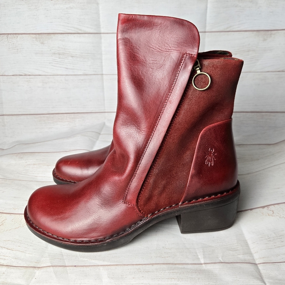 Fly London Red Leather Heeled Booties Women Size EU 40, US 9-9.5